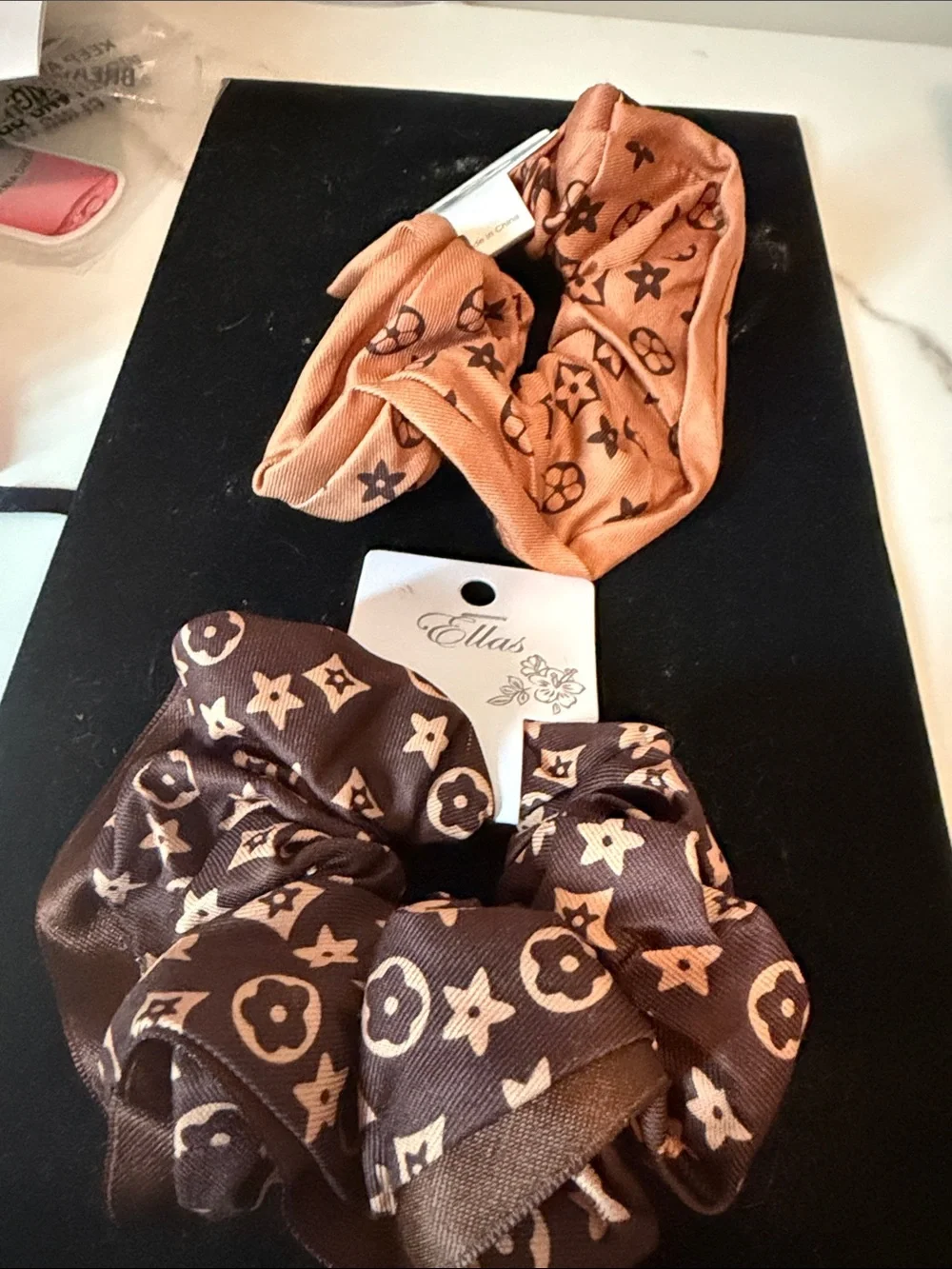 Women’s Designer-Style Monogram Scrunchies - Brown and Tan